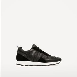 Zara Leather Black Snakeskin Embossed Sneakers